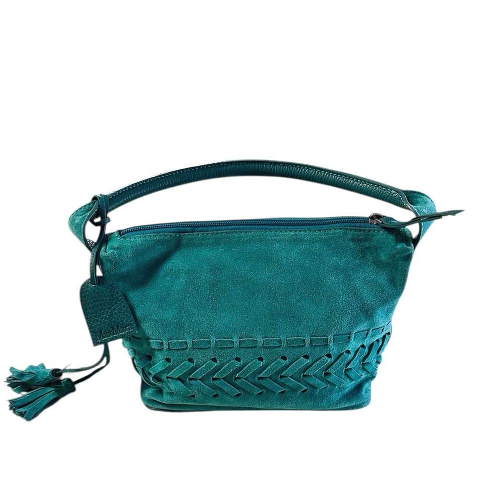 Max Mara Boho Weaved Leather Suede Teal Shoulder Handbag